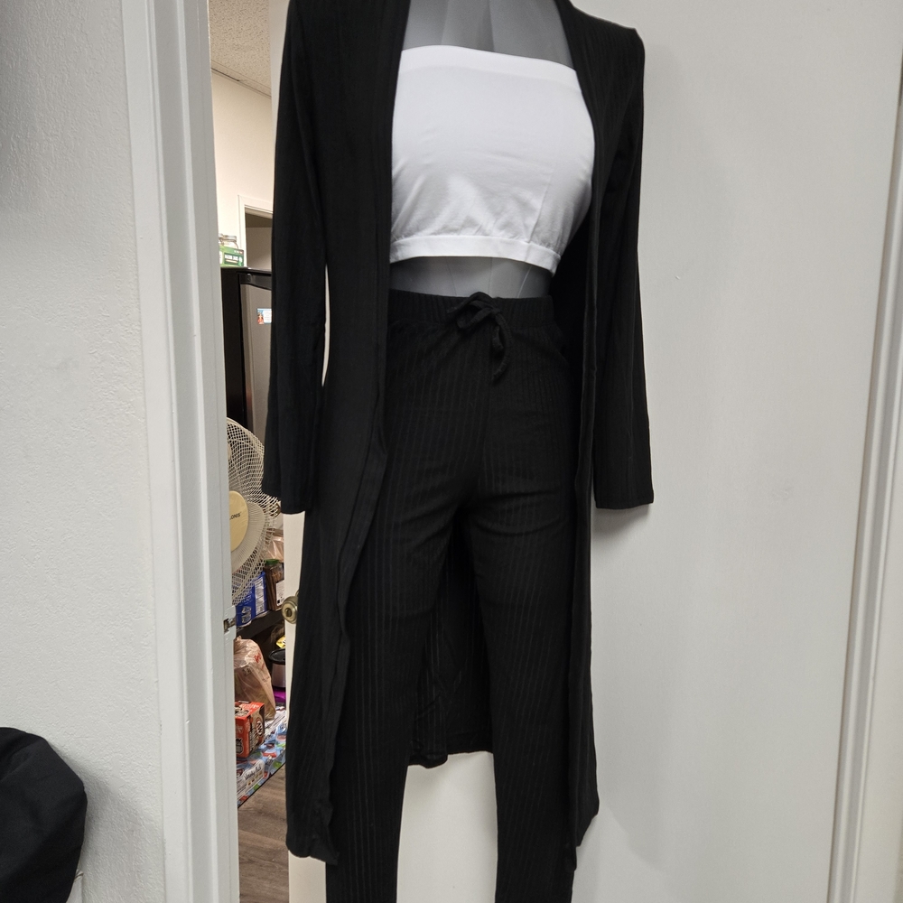 Elegant Black Pajama Set with Long Cardigan